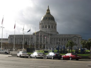 SF City Hall with rain clouds